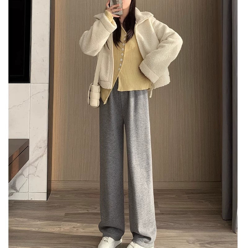 Autumn gray pink sports high-end cashmere wool wide-leg pants quick-drying solid color straight Korean style casual autumn and winter trousers