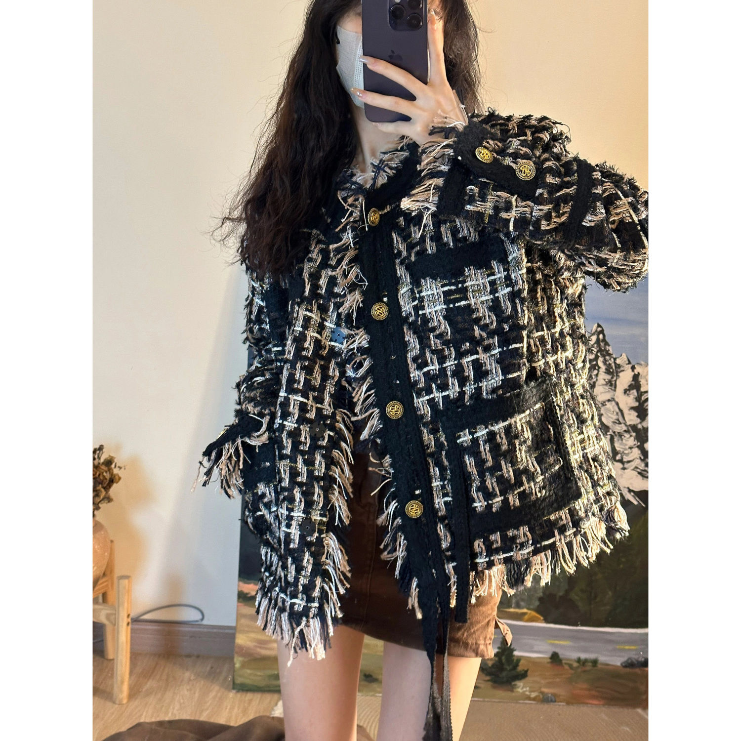Tassel heavy industry black gold braided small fragrance jacket for women autumn and winter new style high-end tweed temperament thickened top