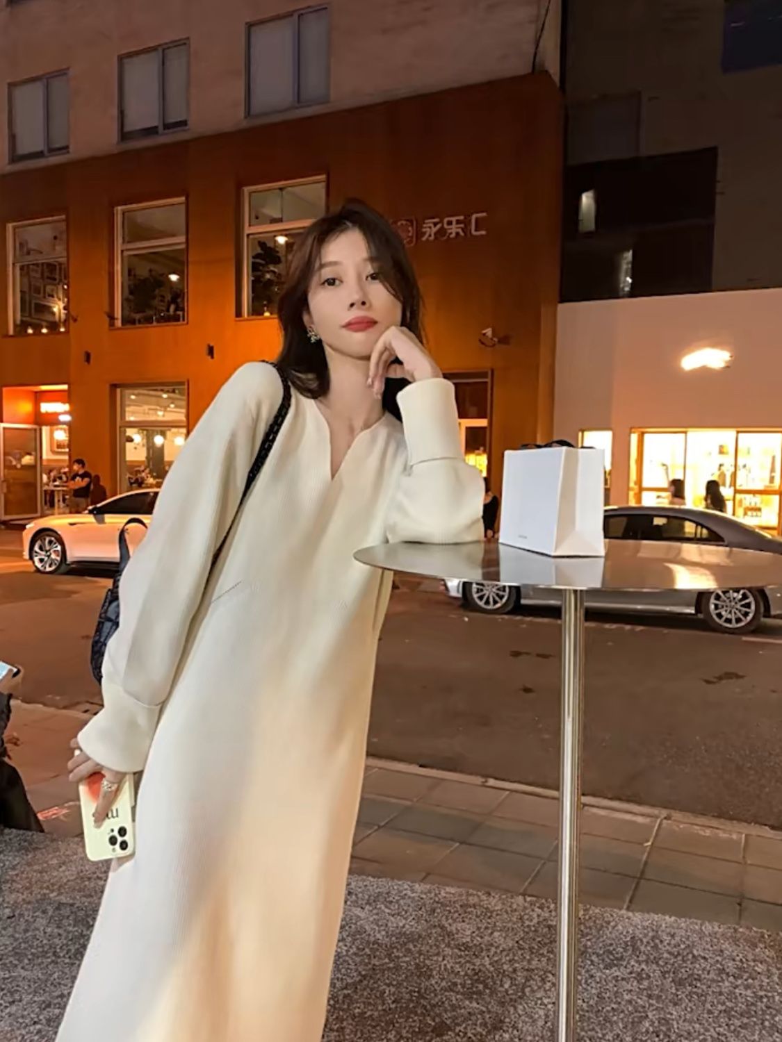 MINETTE V領針織連衣裙女秋冬新款韓版內搭收腰顯瘦打底毛衣裙