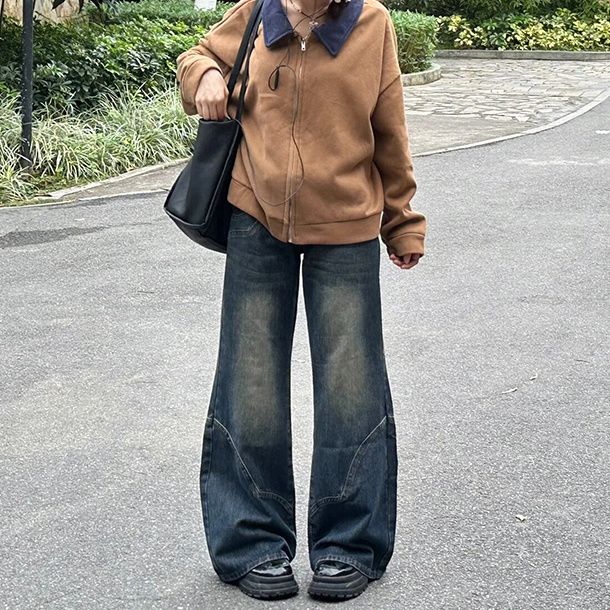 美式復古設計感拼接微喇牛仔褲女秋冬新款高腰顯瘦直筒拖地褲子潮