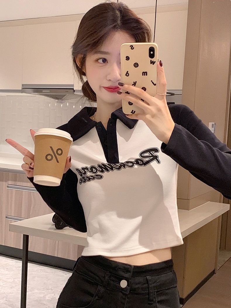 美式polo領正肩長袖秋季上衣女新款辣妹風內搭修身短款T恤打底衫