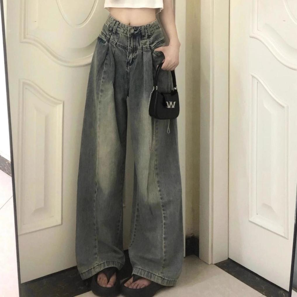 美式復古設計感小眾慵懶闊腿牛仔褲女高腰寬鬆顯瘦直筒垂感拖地褲