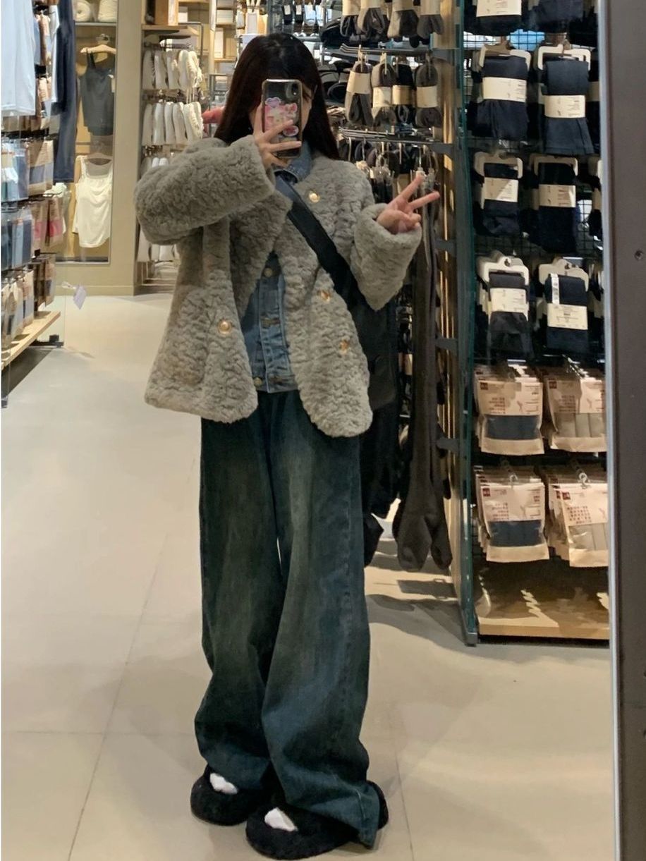 高街復古百搭闊腿牛仔褲女秋季新款簡約休閒高腰寬鬆墜感直筒長褲