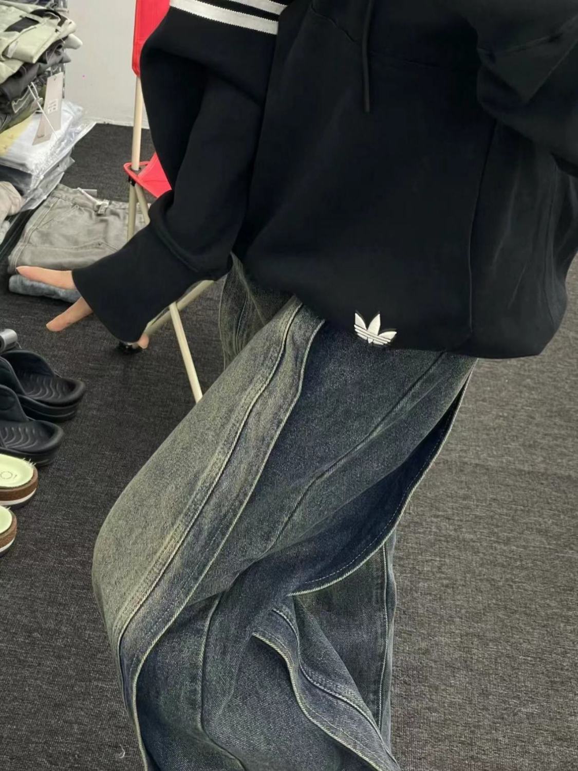 高街復古設計拼接闊腿牛仔褲女春季新款高腰寬鬆顯瘦直筒拖地褲潮