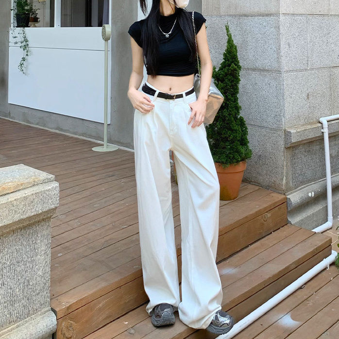 白色高腰闊腿牛仔褲女2023年美式高街水洗寬鬆百搭顯瘦垂感長褲女