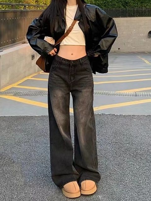 美式高街復古黑灰色闊腿牛仔褲女秋季高腰寬鬆顯瘦直筒垂感拖地褲