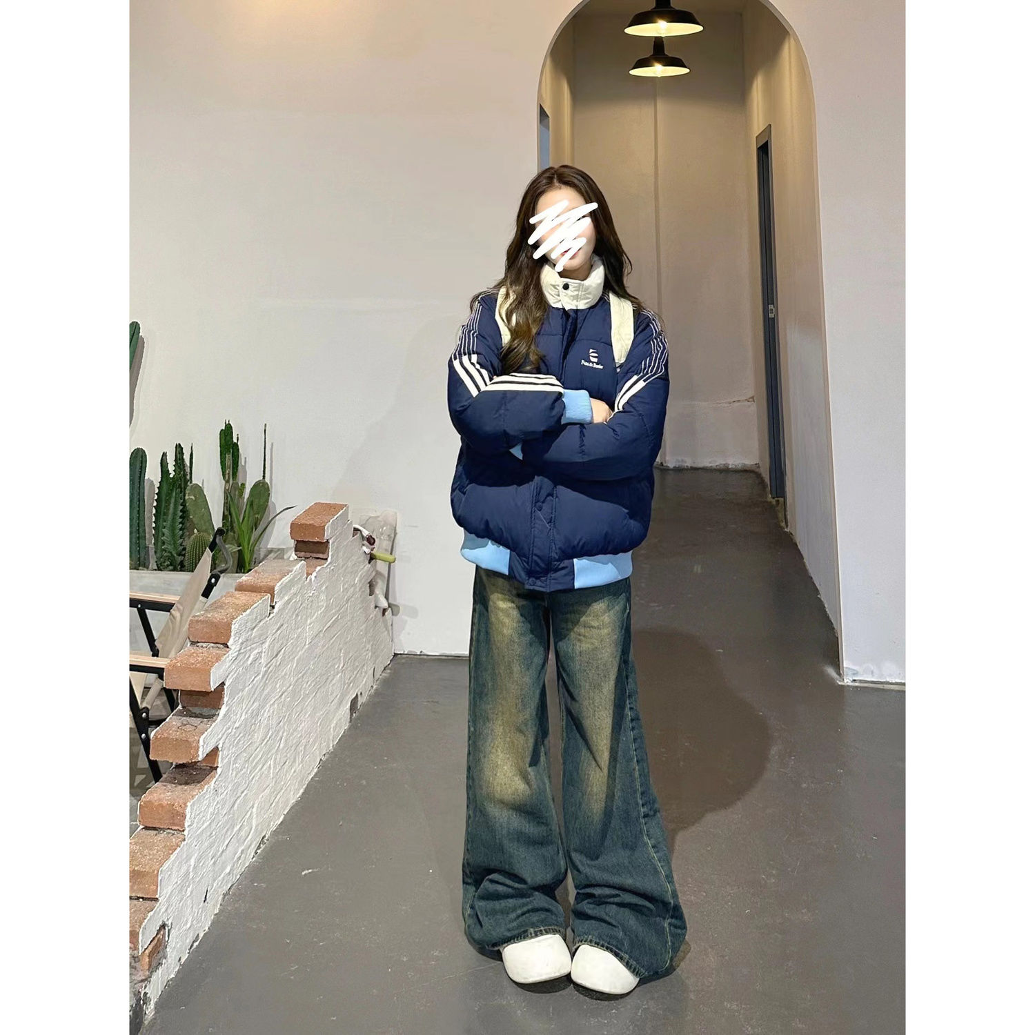 韩版拼接撞色加厚立领棉服学生冬季新款设计感条纹宽松棉衣外套女