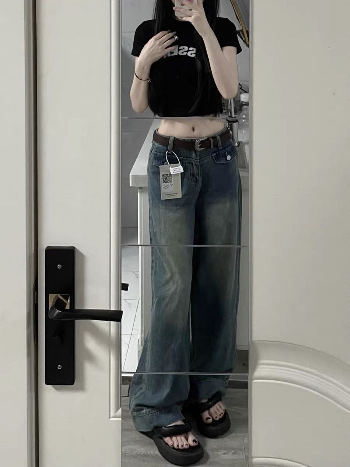 美式復古做舊闊腿牛仔褲女美拉德小個子高腰顯瘦垂感直筒拖地長褲