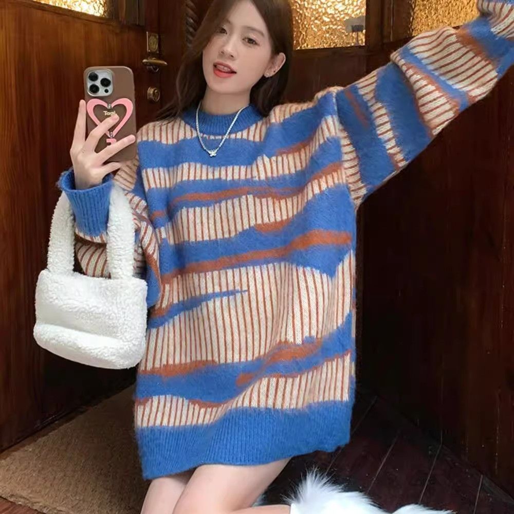 秋冬慵懶風高級感美式針織上衣女撞色粗坑條不規則條紋斑馬毛衣