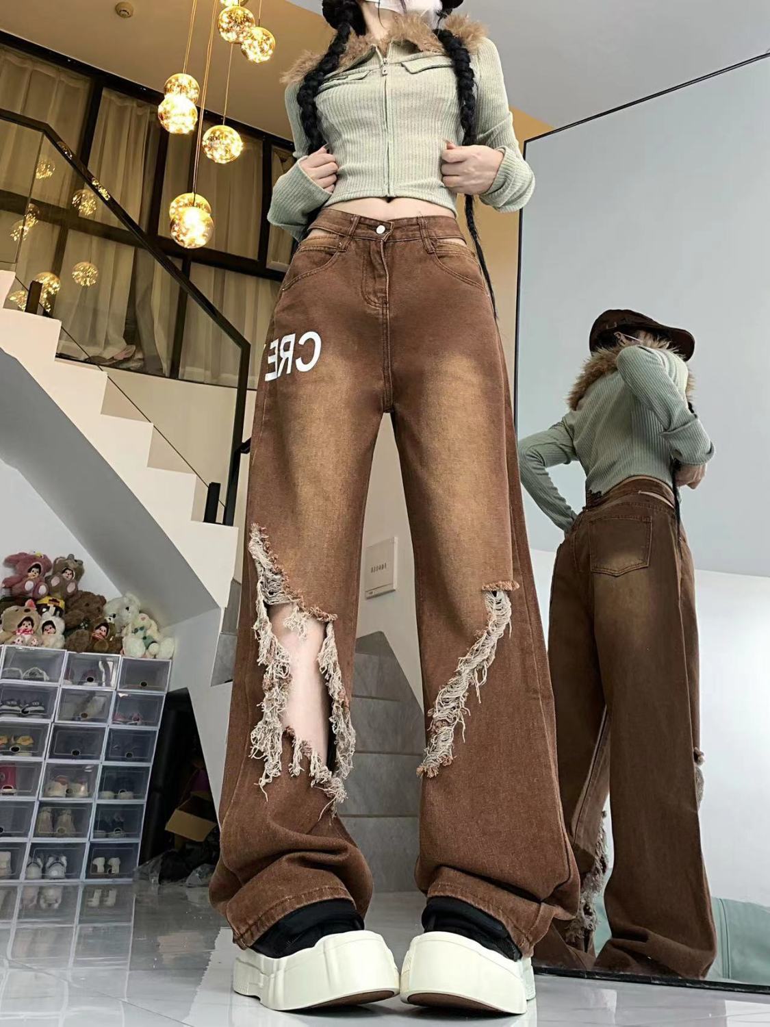 棕色腰部鏤空闊腿牛仔褲女秋季設計感破洞高腰寬鬆顯瘦直筒拖地褲