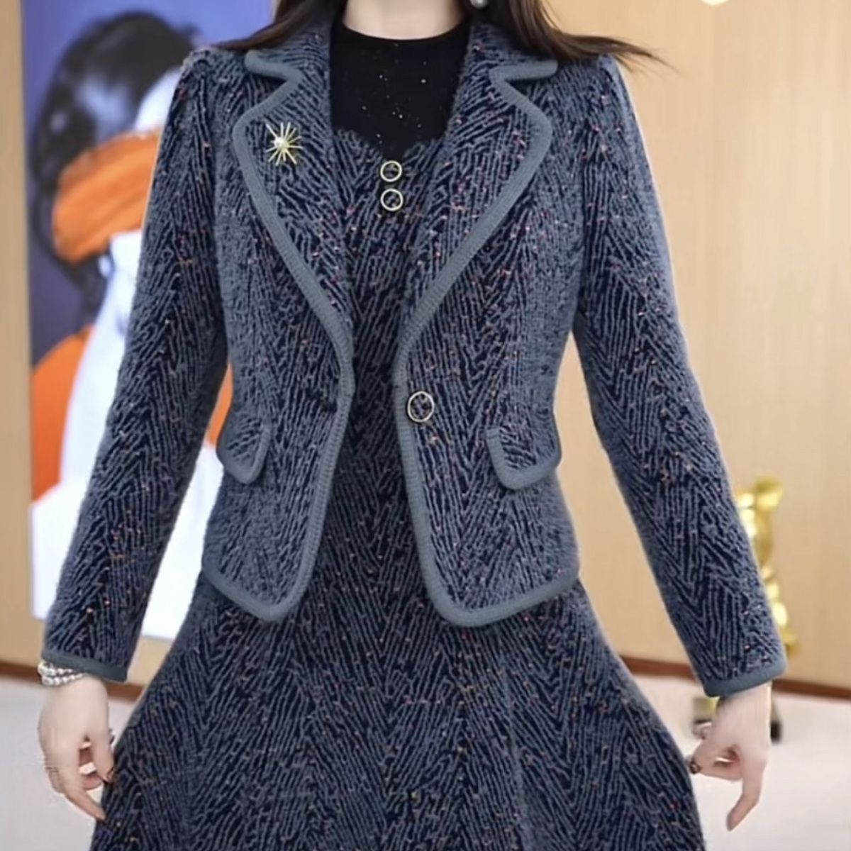 貴妃絨套裝連衣裙兩件套2023新款冬女加厚外套高檔氣質小香風裙子