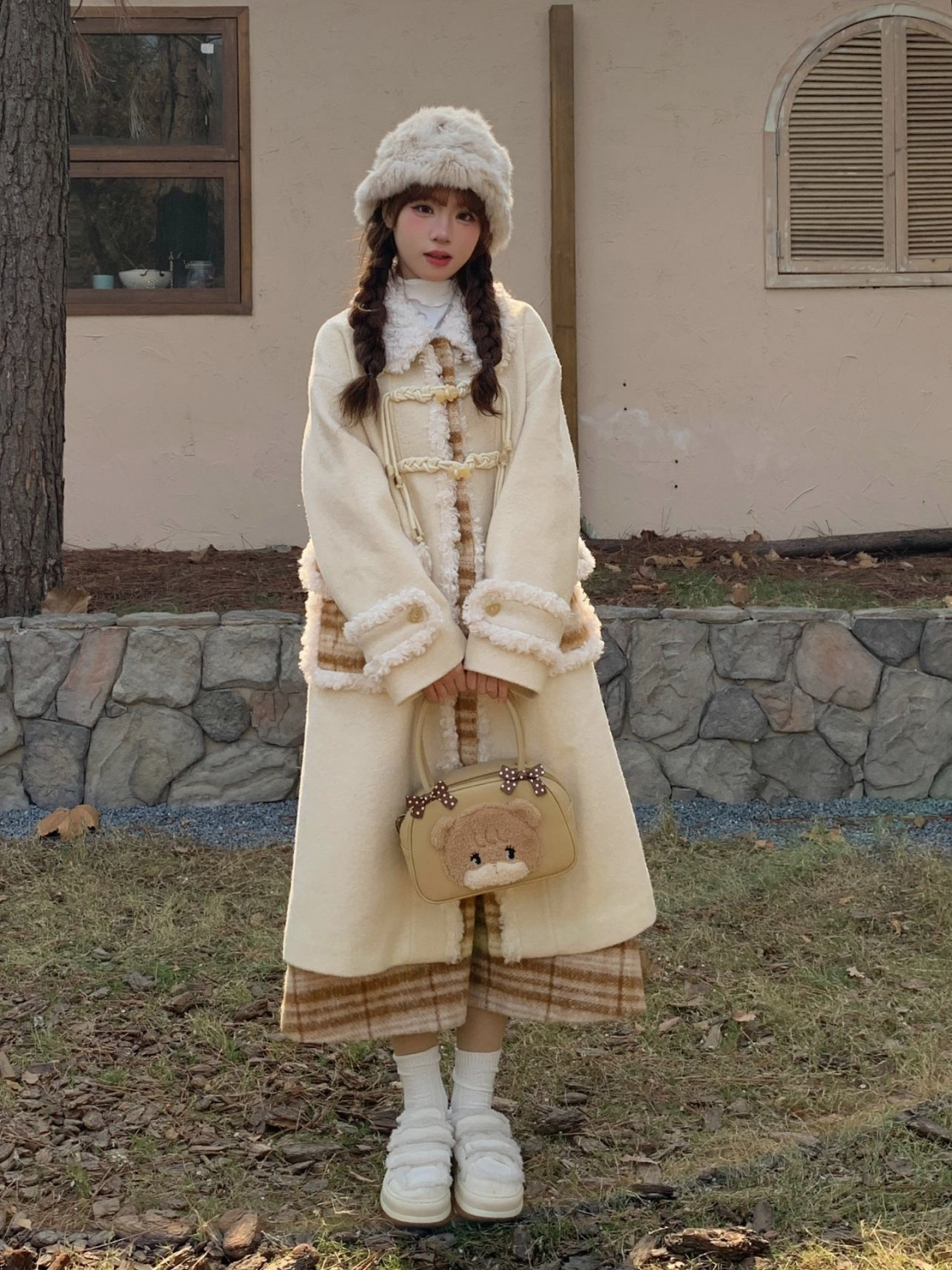 秋冬新品格紋拼接奶杏色毛呢大衣小眾百搭外套甜美氣質設計感套裝