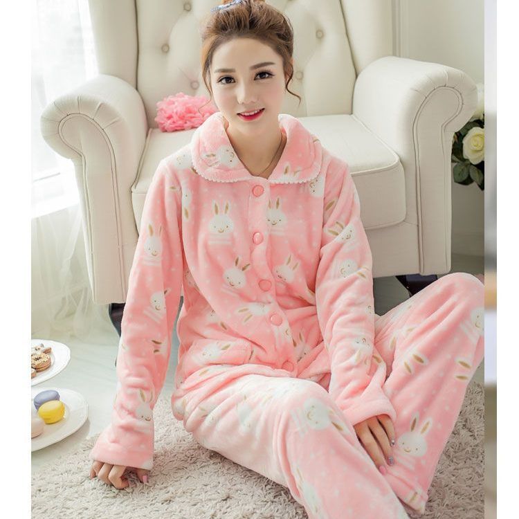 Autumn and winter pajamas for women, thickened coral velvet, warm women's flannel suit, long-sleeved cardigan, sweet winter home wear