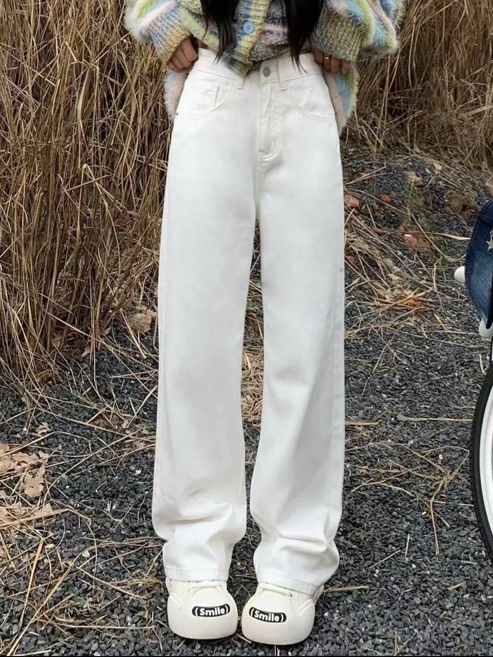 美式高街純白色直筒牛仔褲女秋冬小眾高腰寬鬆顯瘦闊腿拖地褲子潮