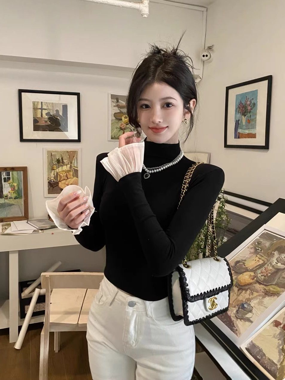 辣妹風喇叭袖撞色拼接半高領T恤女早春新款修身打底衫內搭上衣潮