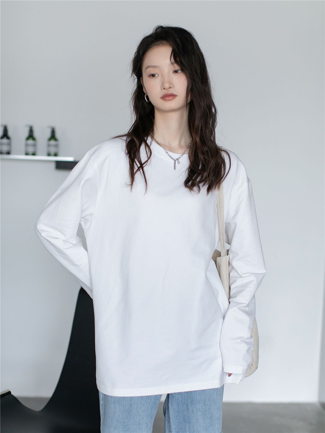 100%純棉長袖潮流T恤女2023秋季新款學生韓版寬鬆純色打底衫上衣