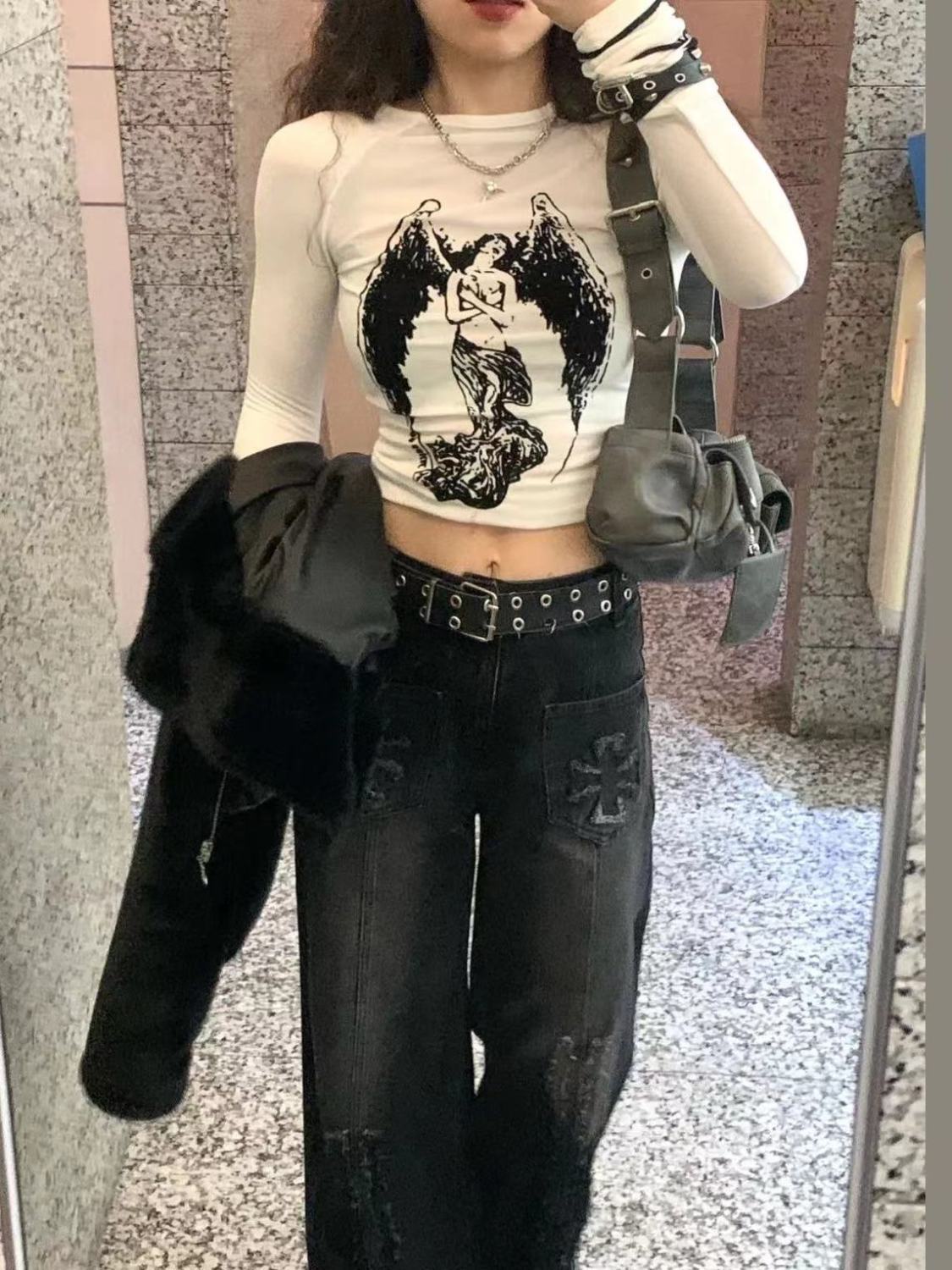美式辣妹天使印花長袖修身打底衫女秋冬設計小眾顯瘦內搭微透上衣