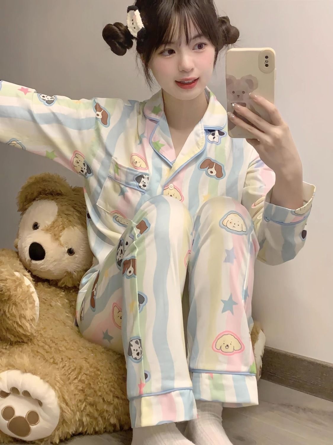 ins日系彩虹狗睡衣女春秋季新款卡通甜美可愛長袖長褲家居服套裝