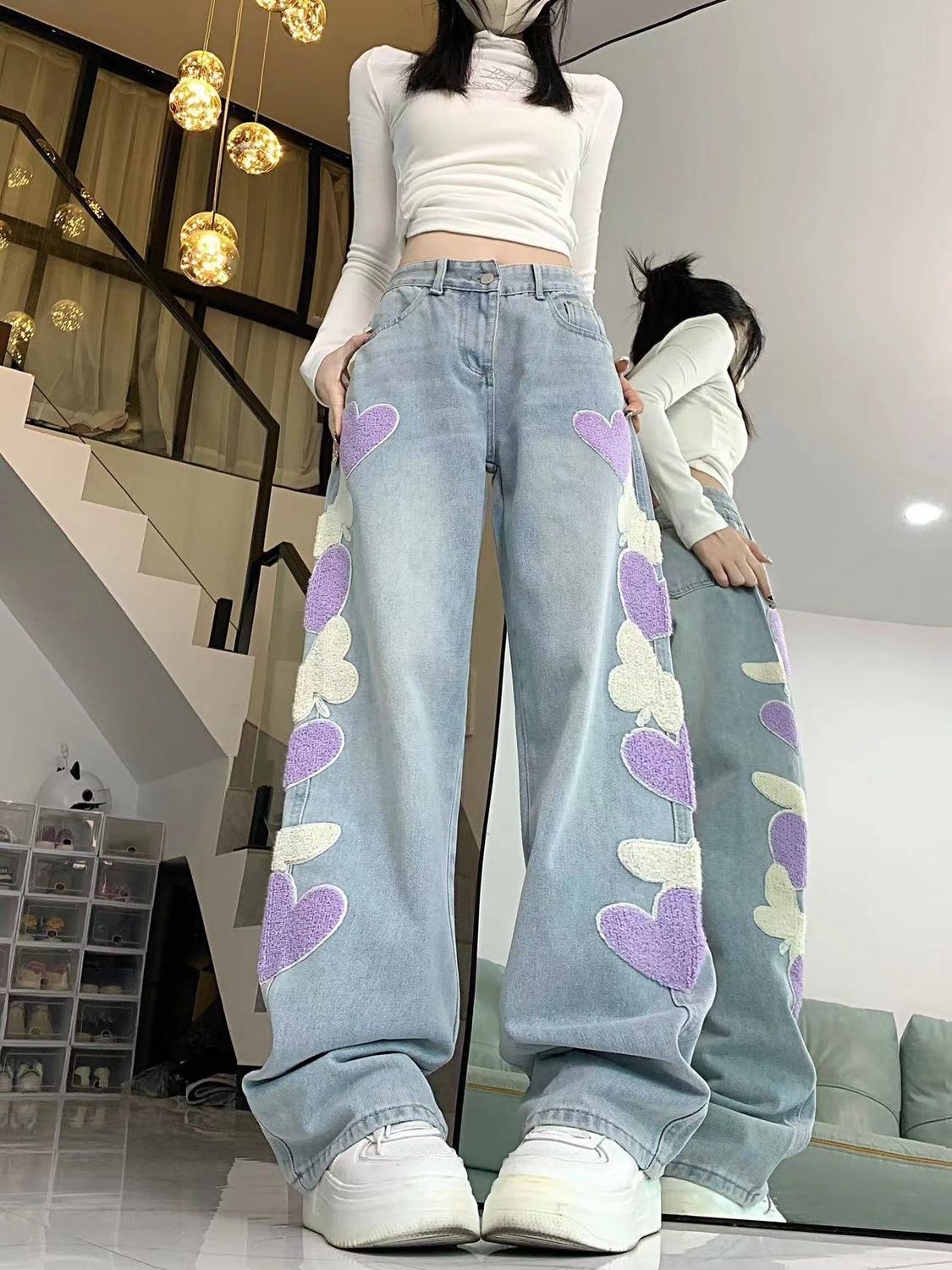美式高街設計蝴蝶繡花闊腿牛仔褲女秋冬款高腰寬鬆顯瘦直筒拖地褲