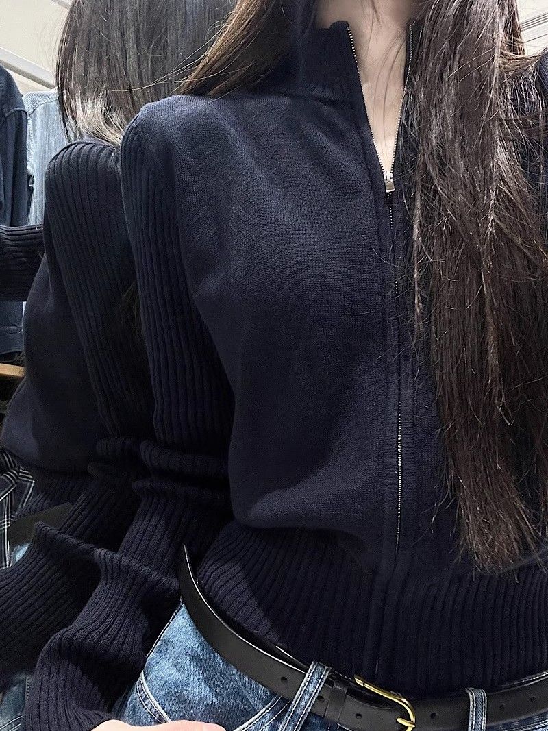 設計感立領開衫修身獨特毛衣女秋季黑色拉鏈小眾氣質針織外套上衣