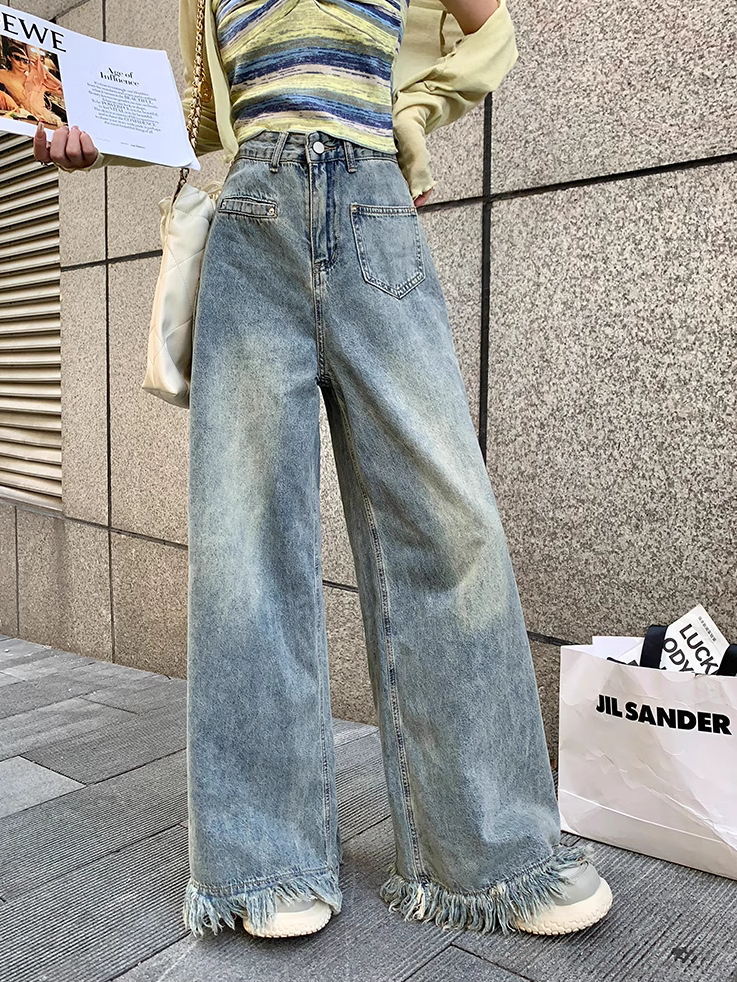 小個子復古毛邊流蘇牛仔女顯瘦辣妹高腰做舊寬鬆垂感長褲闊腿褲潮
