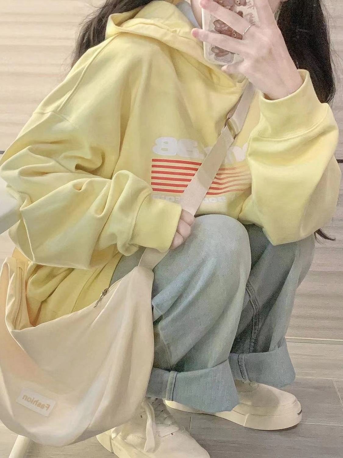 奶黃色套頭連帽衛衣女潮ins秋冬季加絨加厚vibe風長袖上衣服外穿
