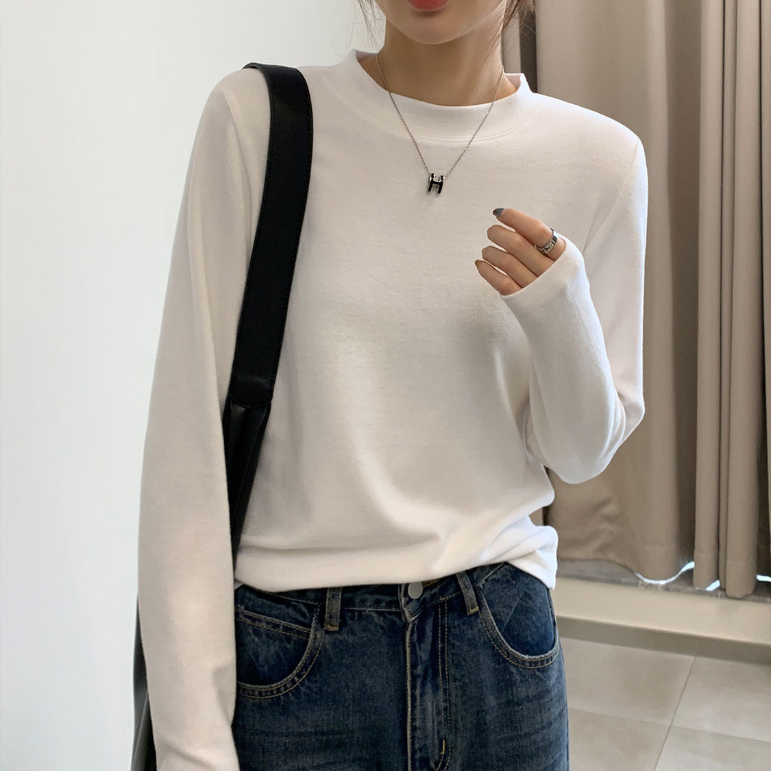 德絨打底衫女2023秋季新款半領純色長袖t恤內搭秋冬修身顯瘦上衣