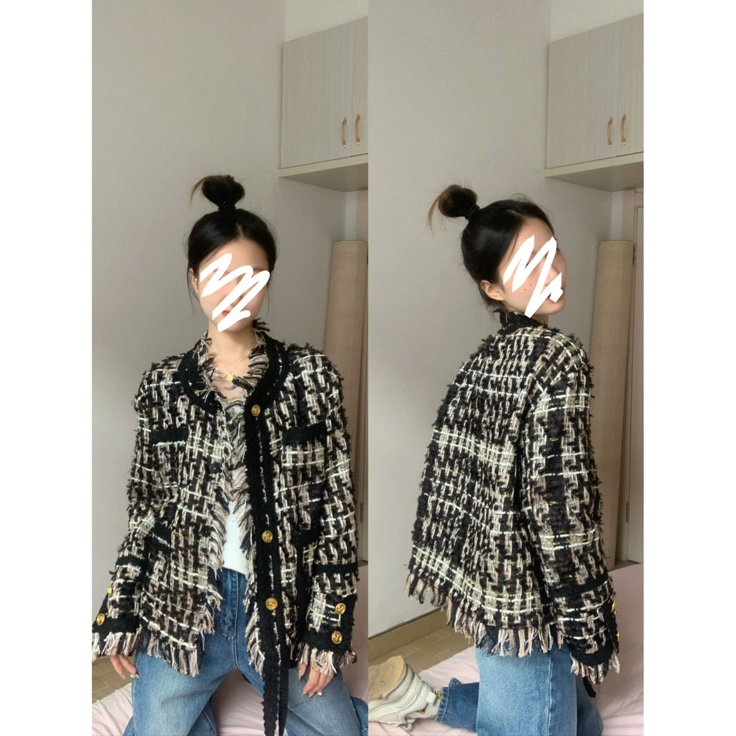 Heavy industry black gold braided tassel small fragrance style coat autumn and winter new loose thickened tweed top high-end sense for women