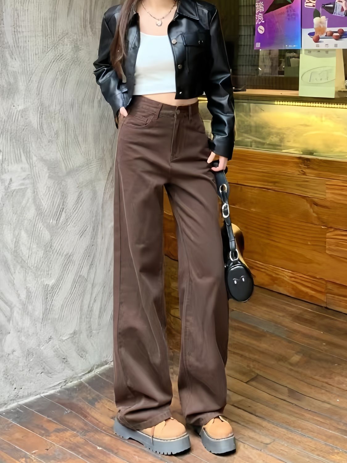 美式復古美拉德棕色直筒牛仔褲女秋冬高腰寬鬆顯瘦闊腿拖地褲子潮
