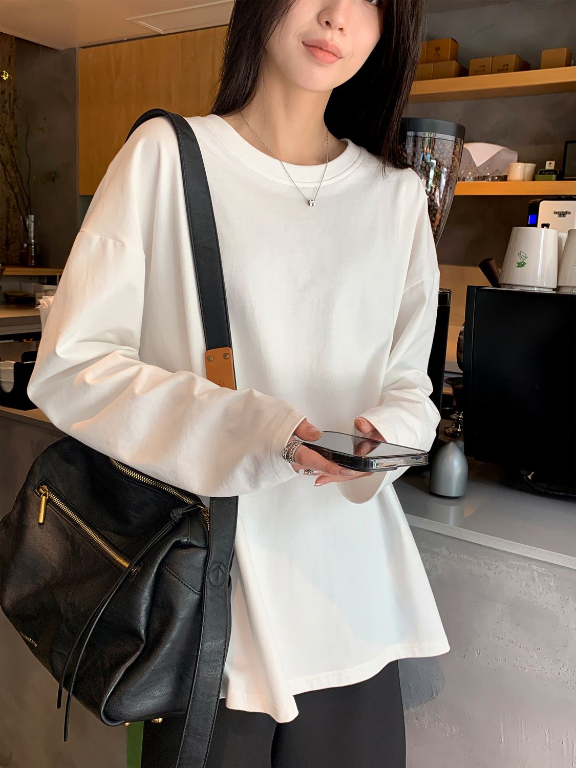 白色長袖t恤女2023新款打底衫春秋百搭韓版寬鬆冬季內搭純棉上衣