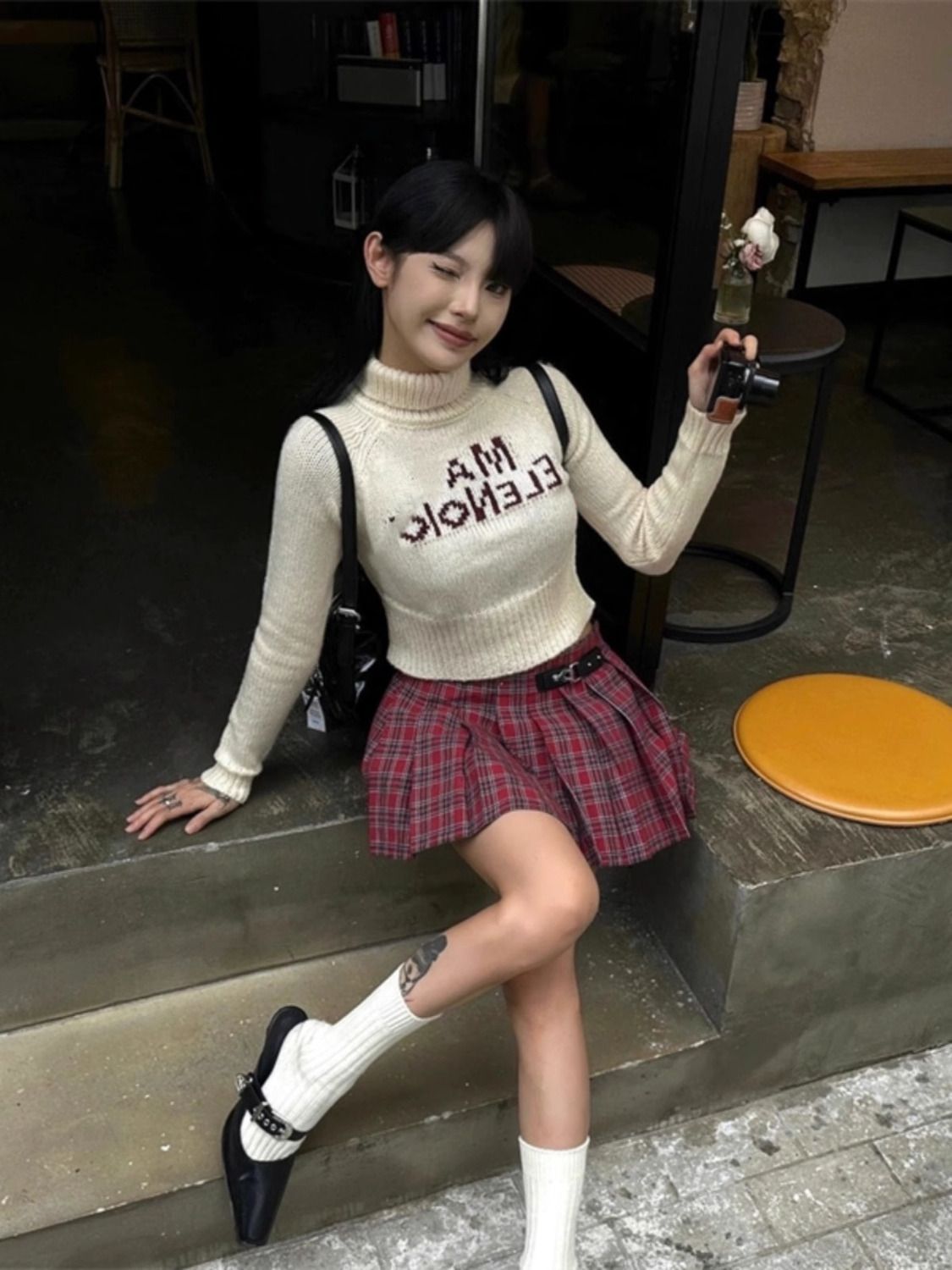 美式短款字母印花高領短款毛衣女外穿秋冬打底套頭針織衫上衣ins