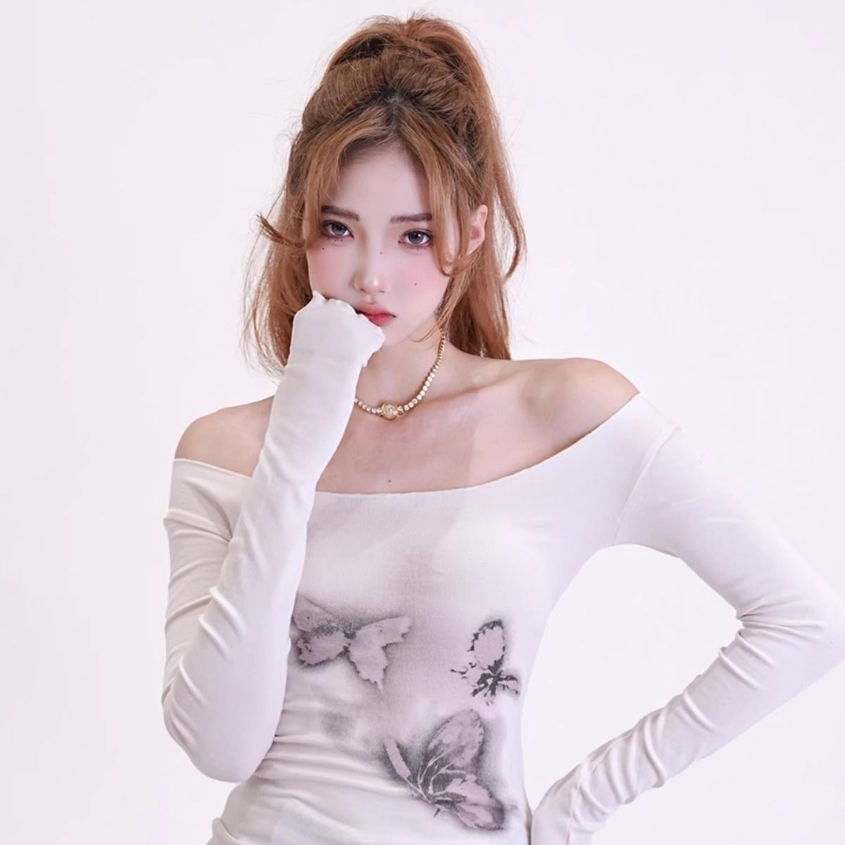 長袖T恤女美式復古辣妹高級設計感小眾蝴蝶百搭修身低領短款上衣