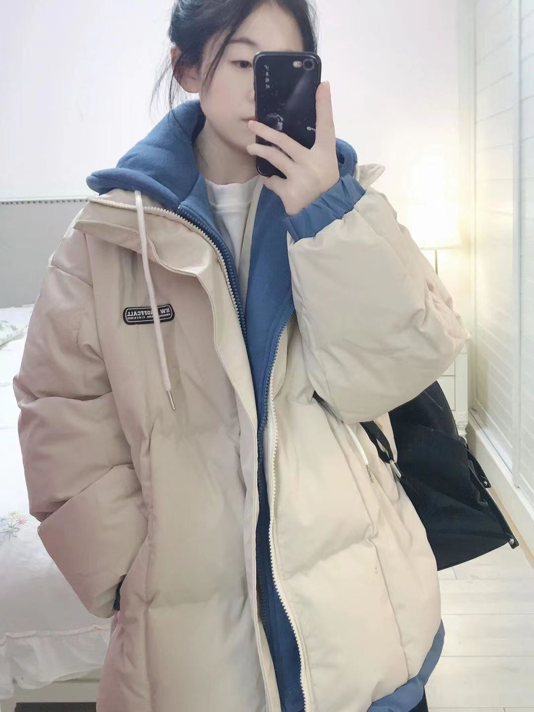 Fake two-piece hooded bread jacket for female students  winter new style retro small man loose cotton coat