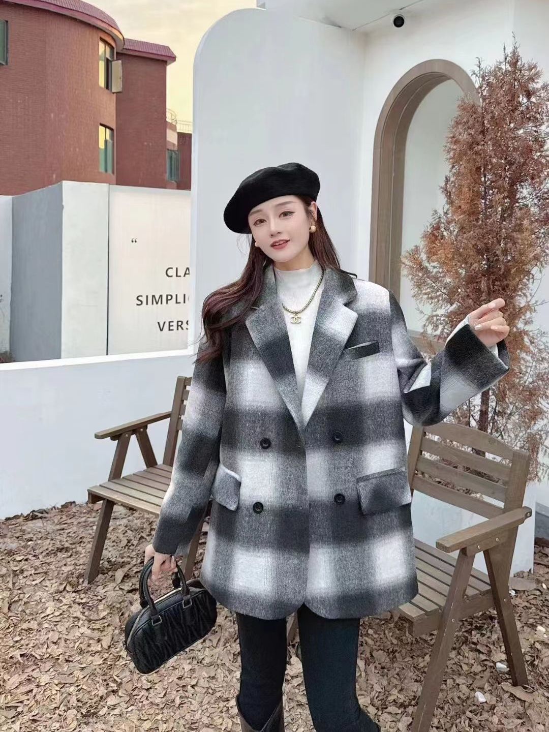 毛呢外套女2023高级高端羊毛格子百搭新款韩版双面宽松妮子大衣厚