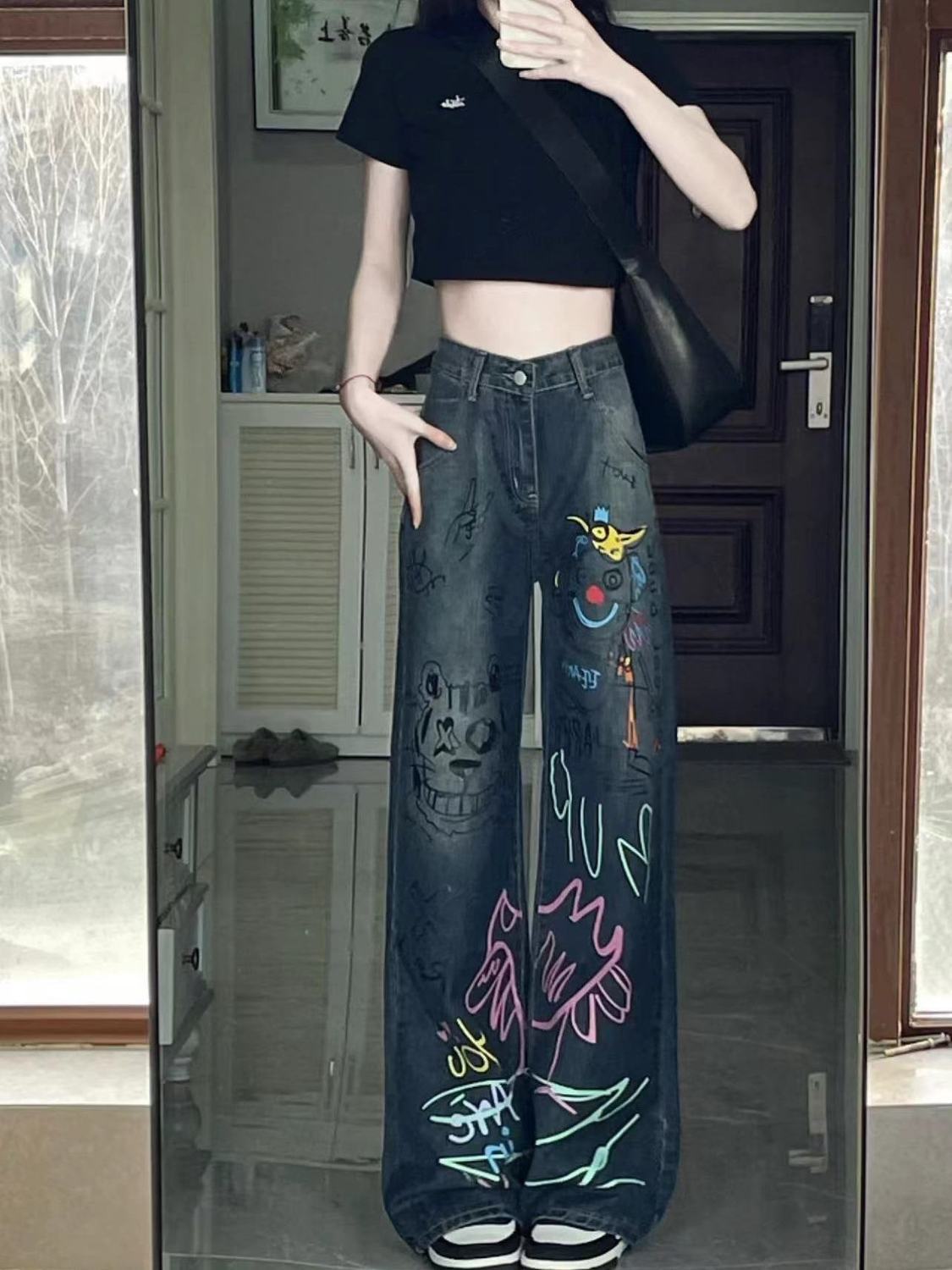 美式高街復古塗鴉設計闊腿牛仔褲女春季款高腰寬鬆顯瘦直筒拖地褲