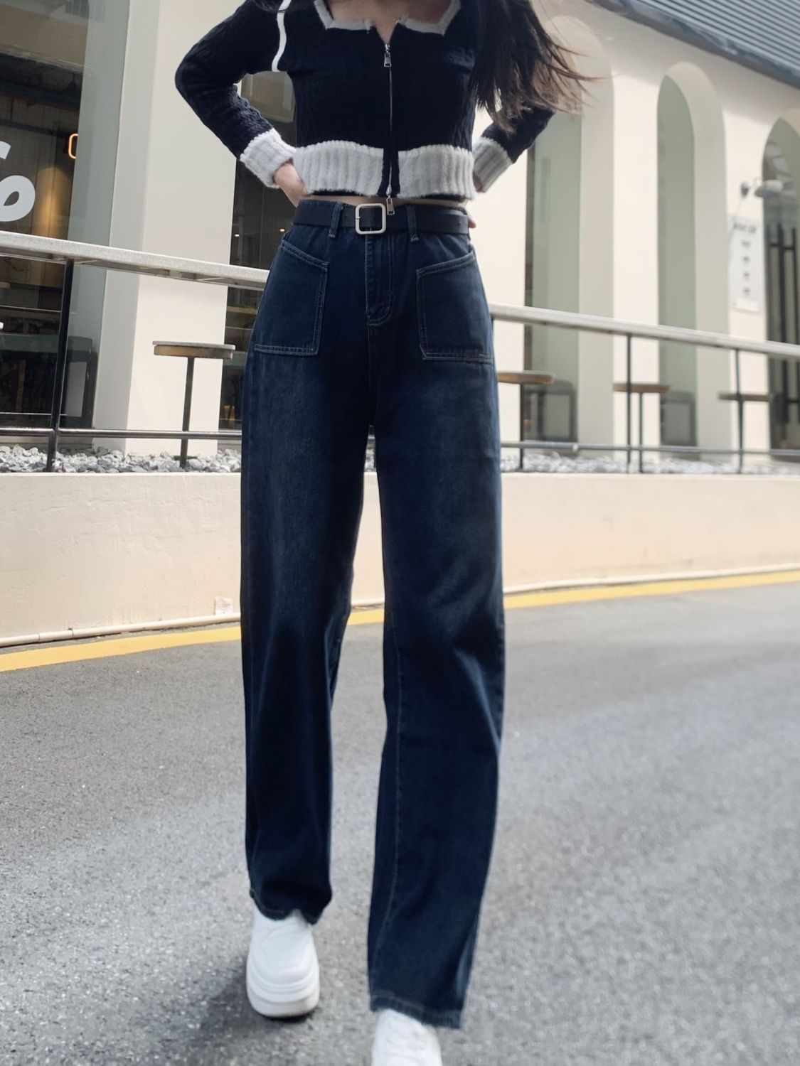 设计感高腰牛仔裤2023女冬季新款垂感复古阔腿裤子时尚拖地直筒裤
