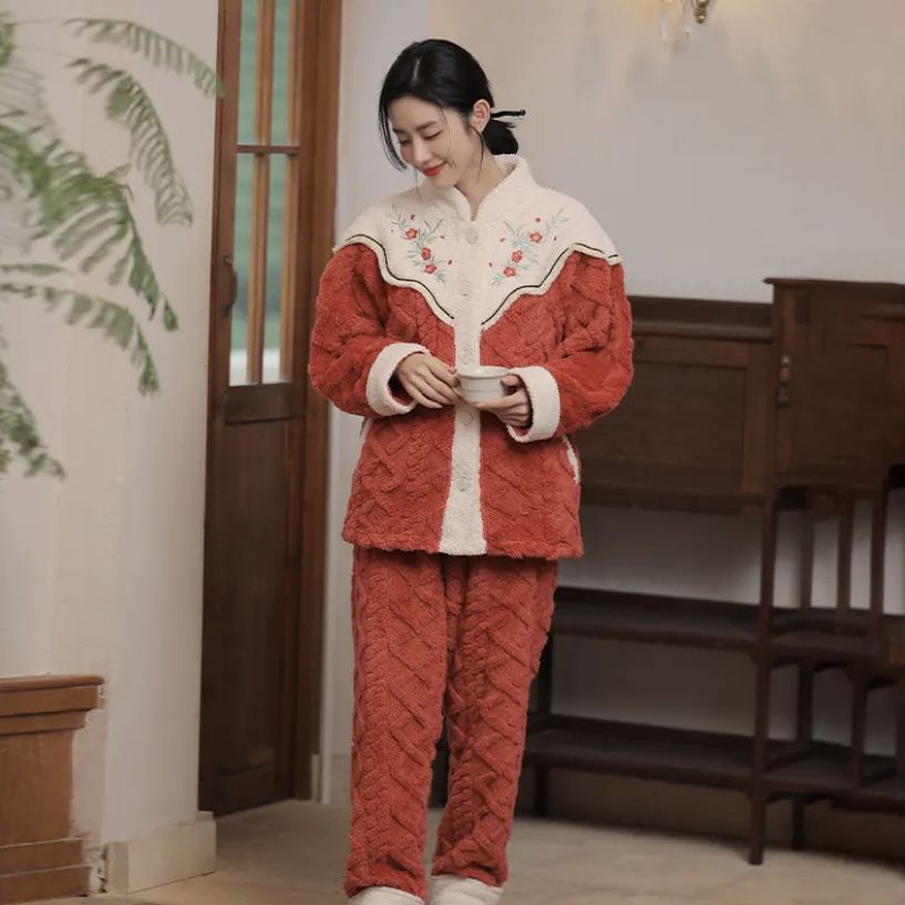 新國風睡衣女秋冬季加厚珊瑚絨中國紅2023新款法蘭絨家居服套裝