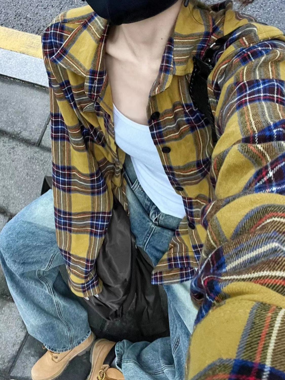 美式復古chic格子襯衫女2023春秋新款寬鬆慵懶風長袖襯衣外套開衫