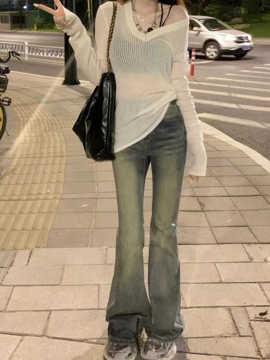 美式復古窄版高腰微喇牛仔褲女春秋小個子彈力顯瘦高街拖地喇叭褲