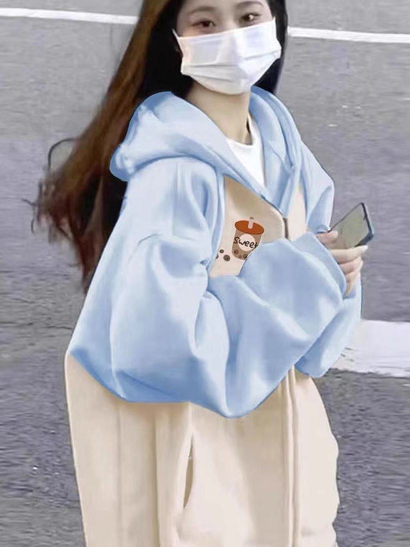插肩袖連帽衛衣女秋冬季加絨加厚2023新款oversize寬鬆垂墜感外套