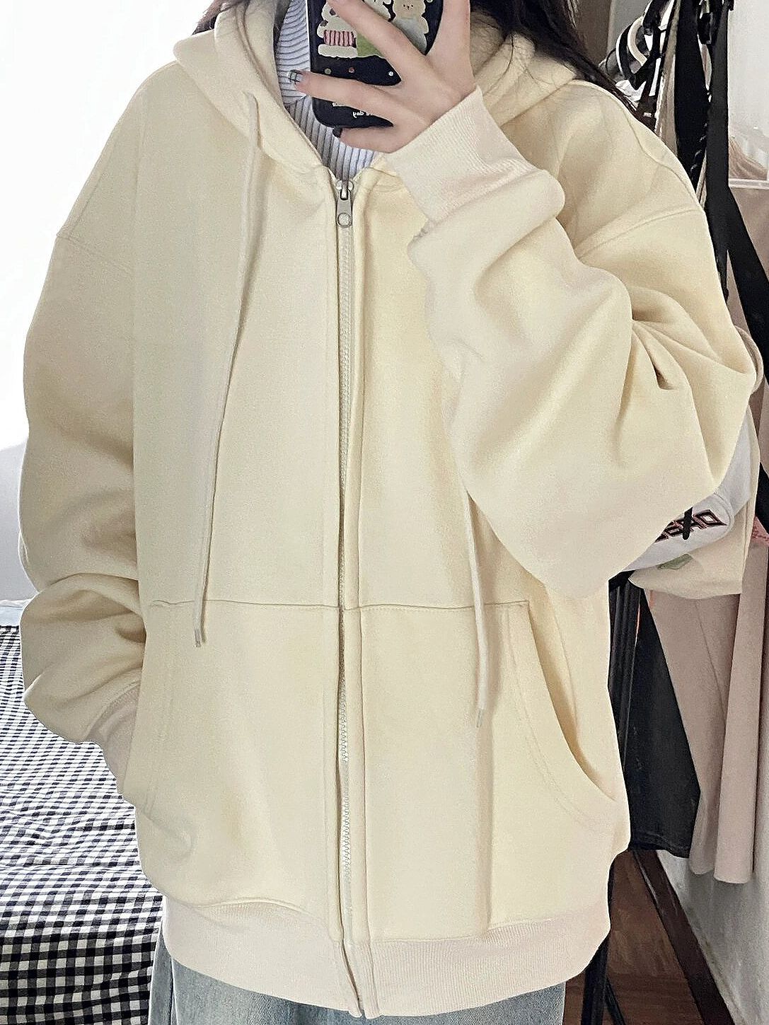 冬季銀狐絨奶杏色連帽衛衣外套女韓系慵懶風加絨加厚寬鬆拉鏈開衫
