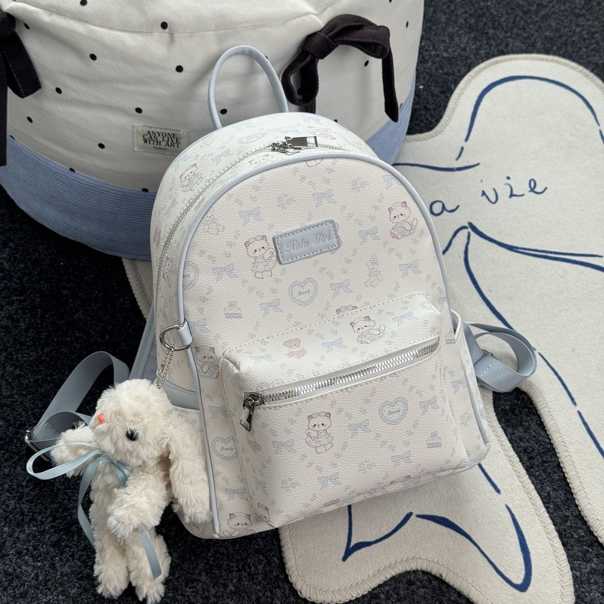 DRYWORLD Cute Kitten Backpack Bow Blue Versatile Large Capacity Bag_voghion.com