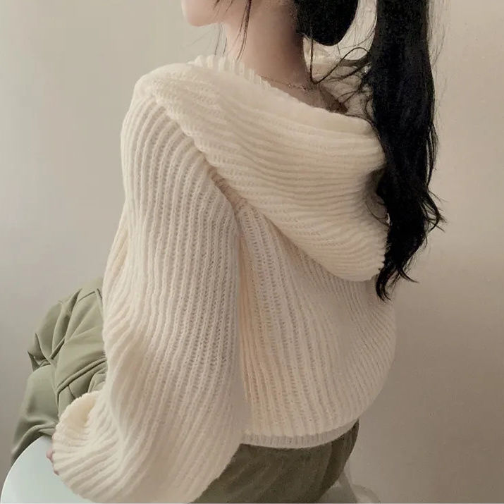 韩版chic小众设计感拉链短款连帽毛衣外套女2023新款秋冬针织开衫