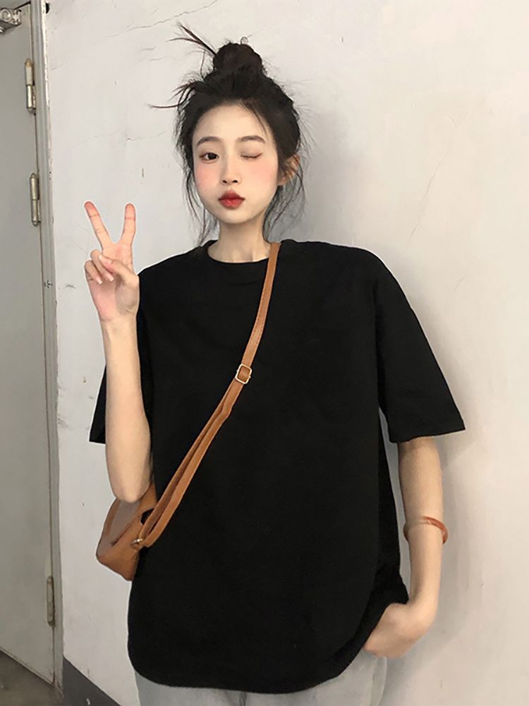 純棉T恤女秋季2024新款復古日系設計感寬鬆純色ins潮網紅短袖上衣