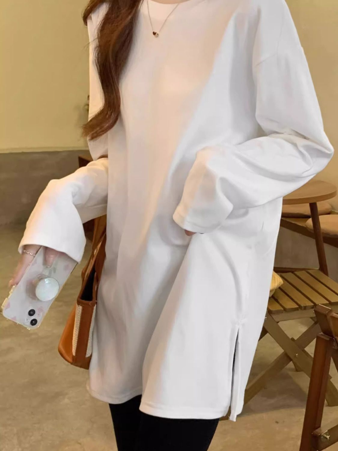 100%純棉兩側開叉長袖t恤女秋季新款寬鬆百搭ins打底衫氣質上衣潮