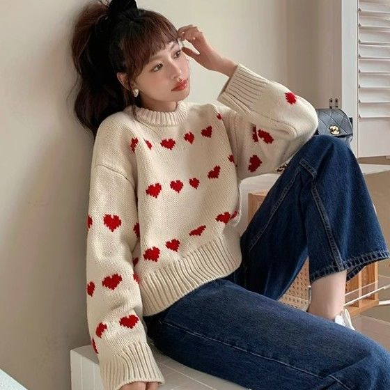 韓版時尚愛心提花毛衣女2023年秋冬新款日系慵懶風寬鬆短款針織衫