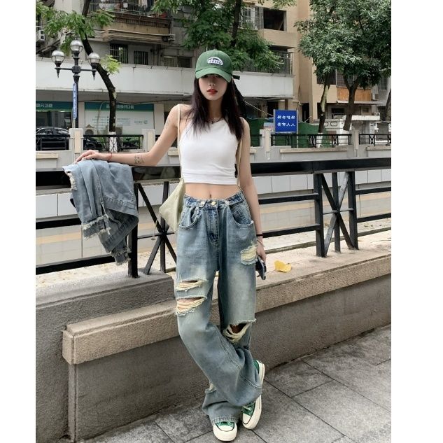 辣妹淺藍色做舊高腰破洞直筒牛仔褲女秋季復古寬鬆顯瘦闊腿拖地褲