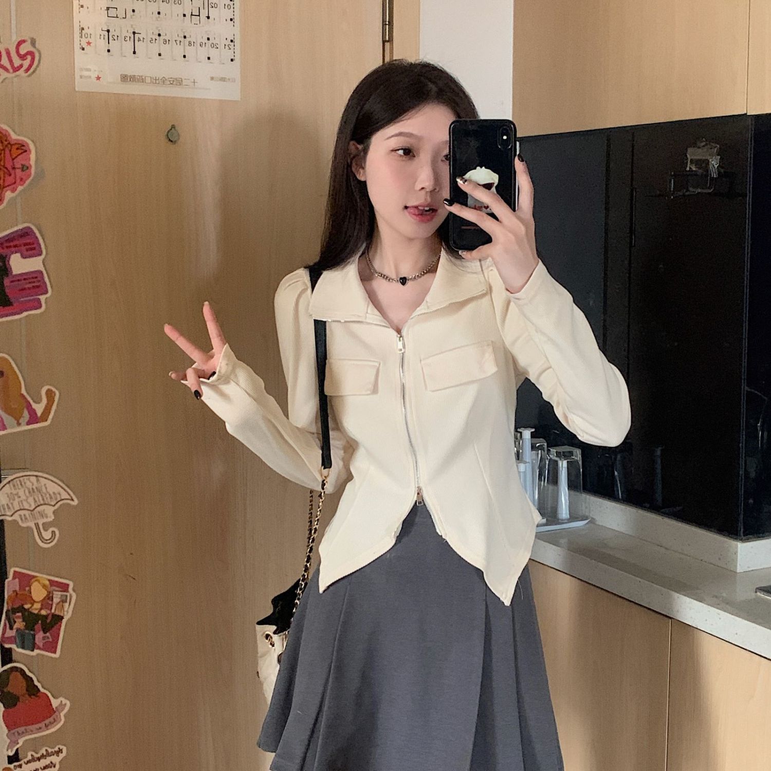 亦靜女裝韓系潮流開叉拉鏈上衣ins性感時尚寬鬆簡約百搭秋季襯衫