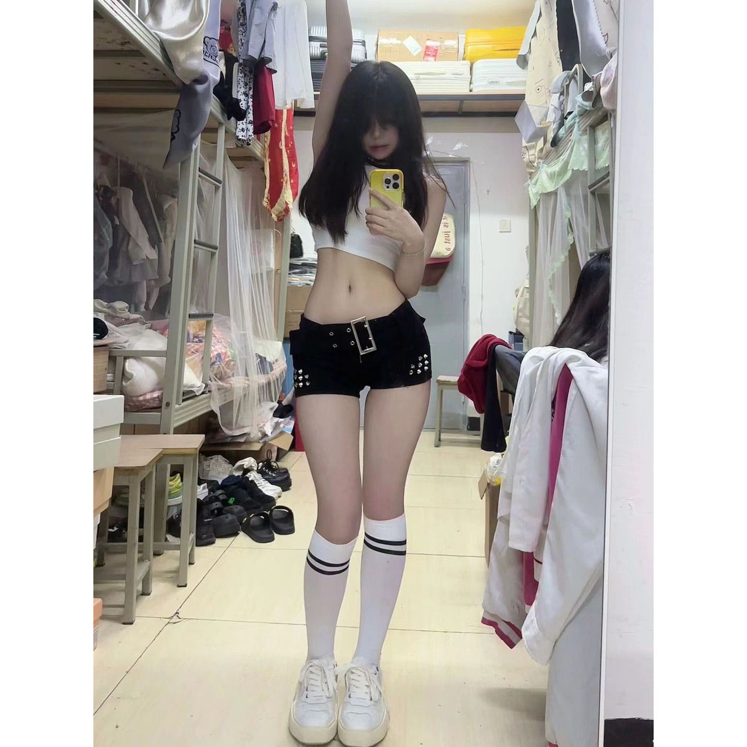 美式辣妹低腰復古柳釘牛仔超短褲女夏季新款修身顯瘦闊腿a字熱褲