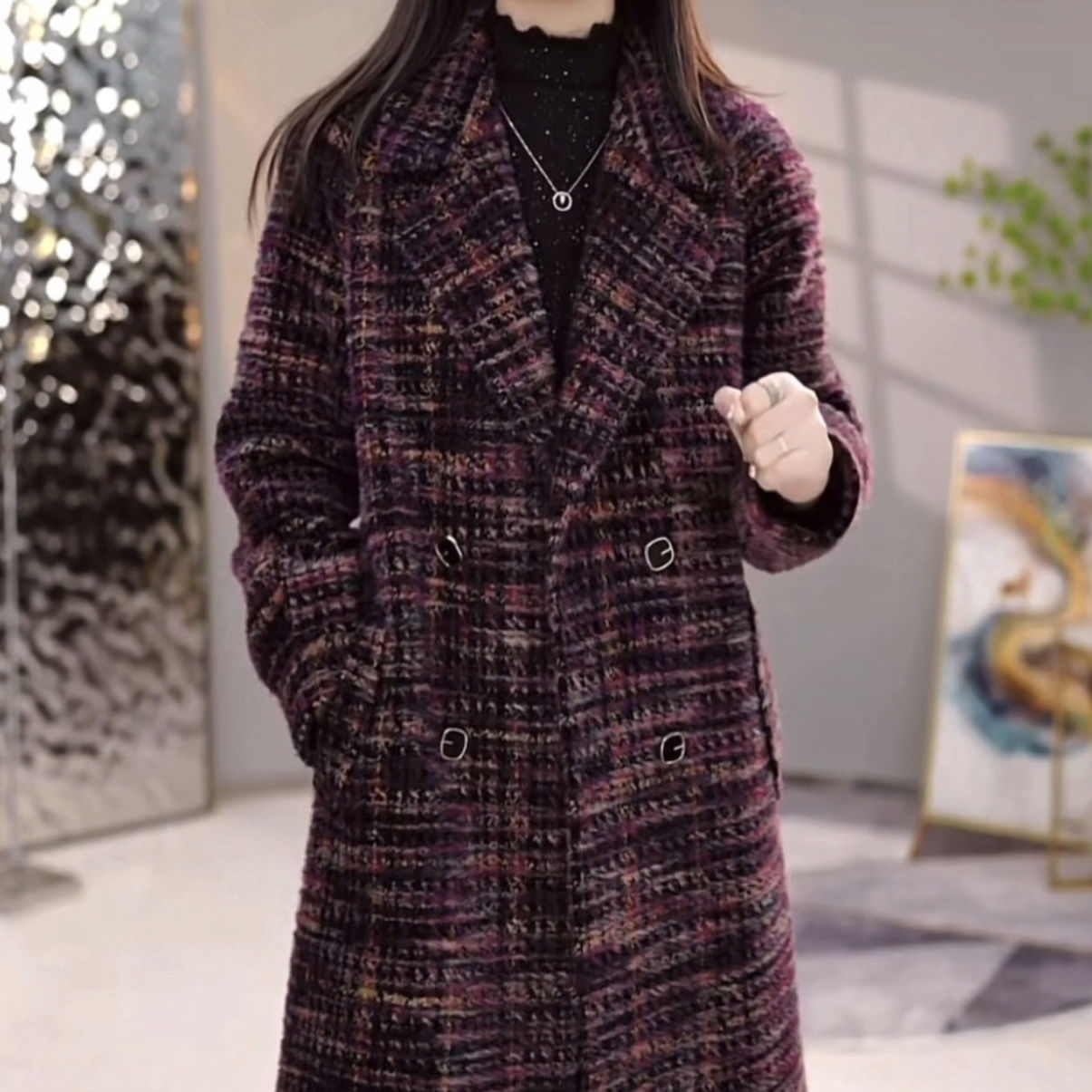 加厚安哥拉絨外套羽絨服2023冬季新款女裝中長款高檔氣質格子大衣